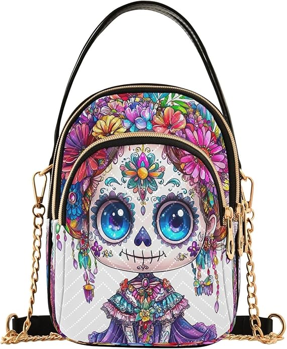Cute Female Sugar Skull Quilted Crossbody Handbag with Chain Strap, Small Shoulder Bag for Women Travel and Daily Use