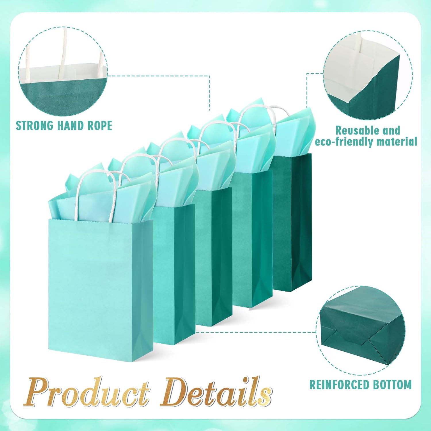 Kolldenn 50 Set Teal Blue Gift Bags with Tissue Paper 8.27 x 5.91 x 3.15 Inch Small Paper Bags with Handles Thank You Gift for Baby Shower Bridal Shower Wedding Party Favors Goodies - Image 3