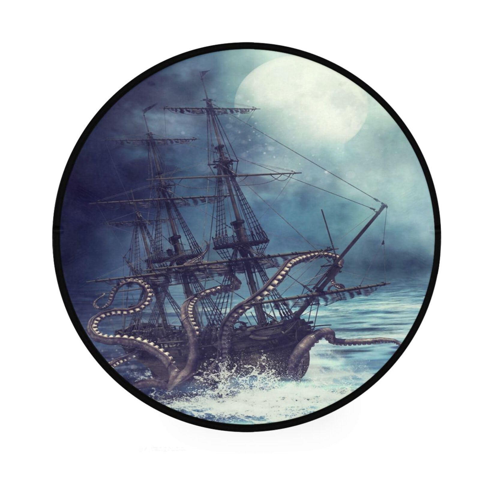Tapis rond moderne antidérapant de 91 cm motif bateau de pirate pour enfant