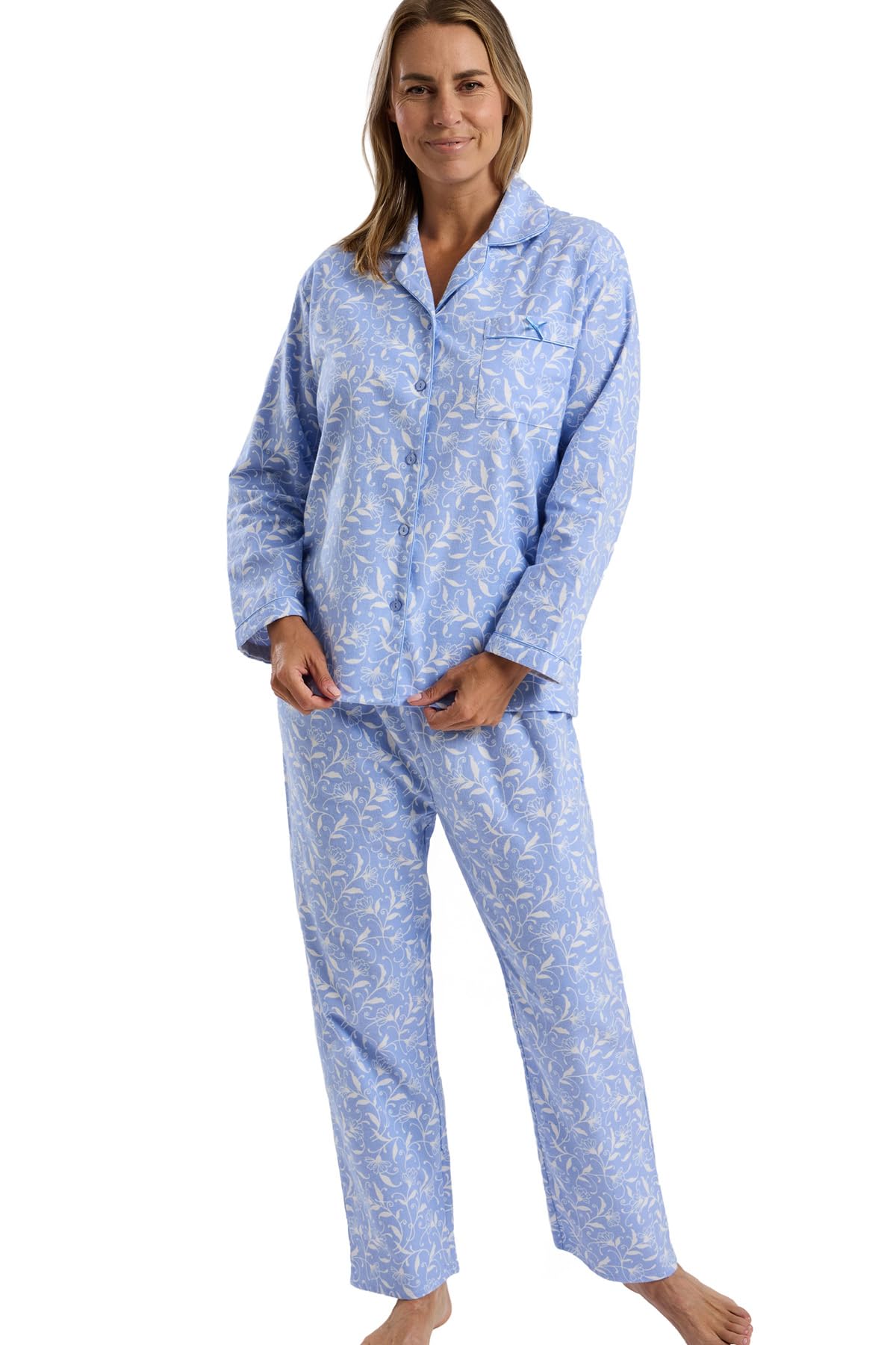 Marlon Women's Pretty Blue Blanche Printed Brushed Cotton Piped Revere Collar Pyjama, 12-14