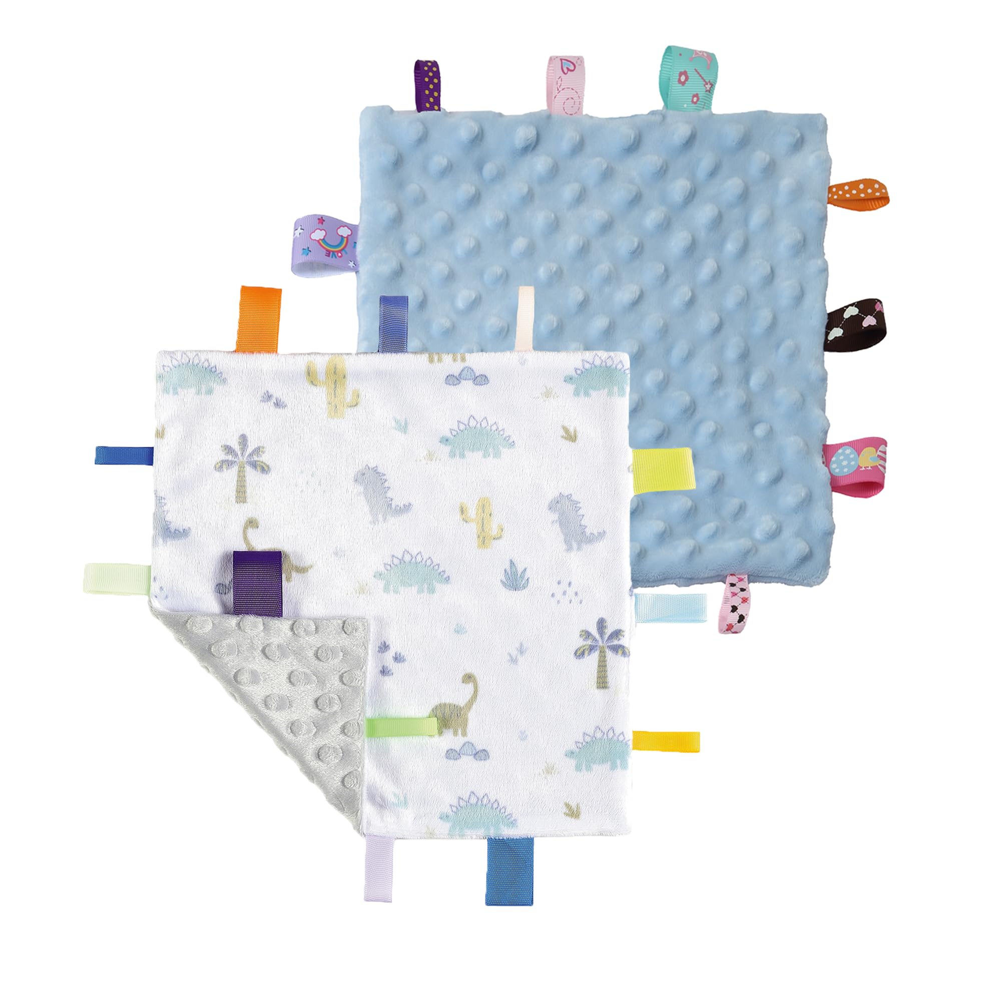 CREVENT Tag Security Blankets for Babies, Soft Small Loveys for Boys, Baby Comforter Sensory Blanket, Great Gifts for Birthday Baby Shower (10"X10" Dino + Blue)