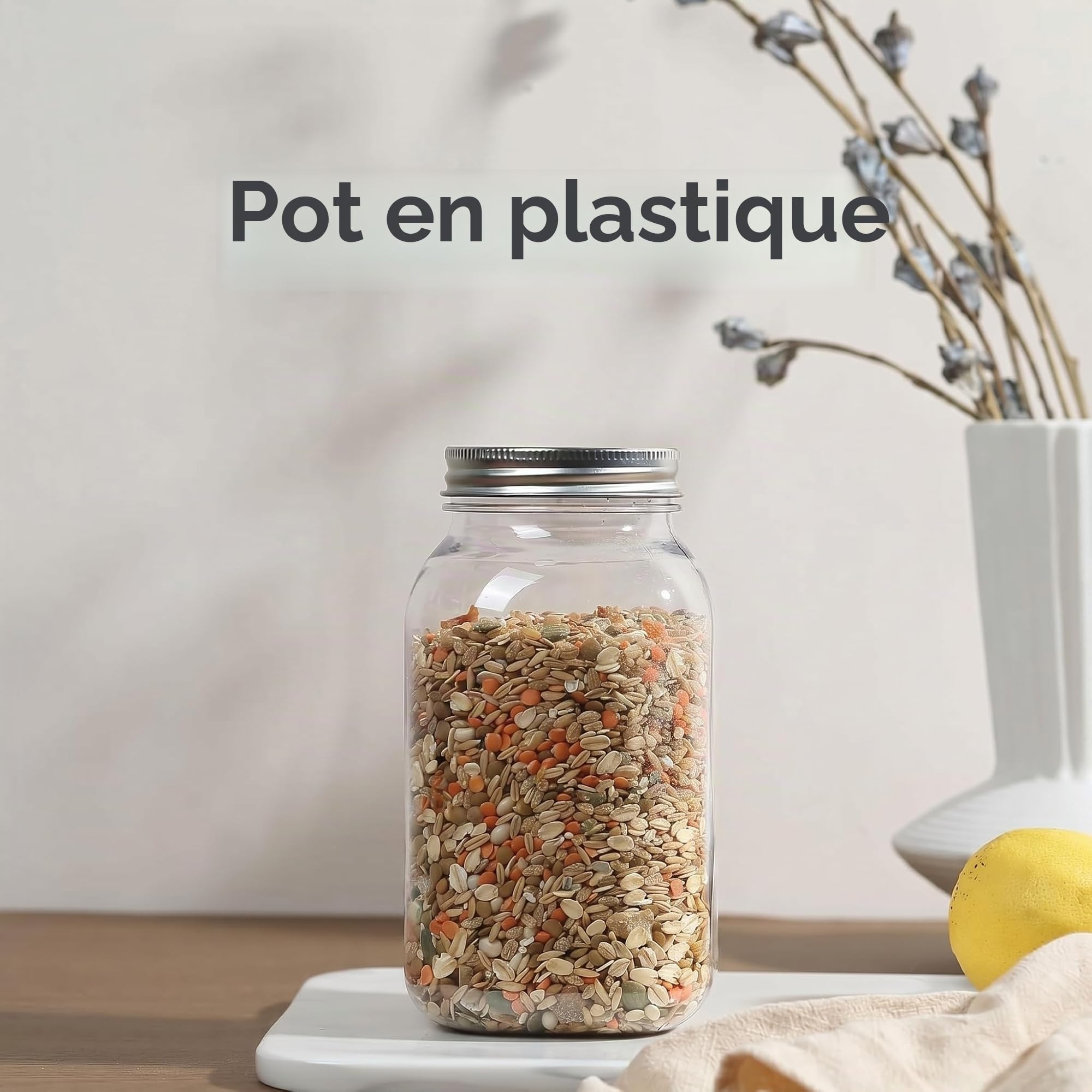 novelinks Lot de 6 bocaux hermétiques en plastique transparent sans BPA pour garde-manger, épices, collations, cuisine et salle de bain, 946,2 g (argent)