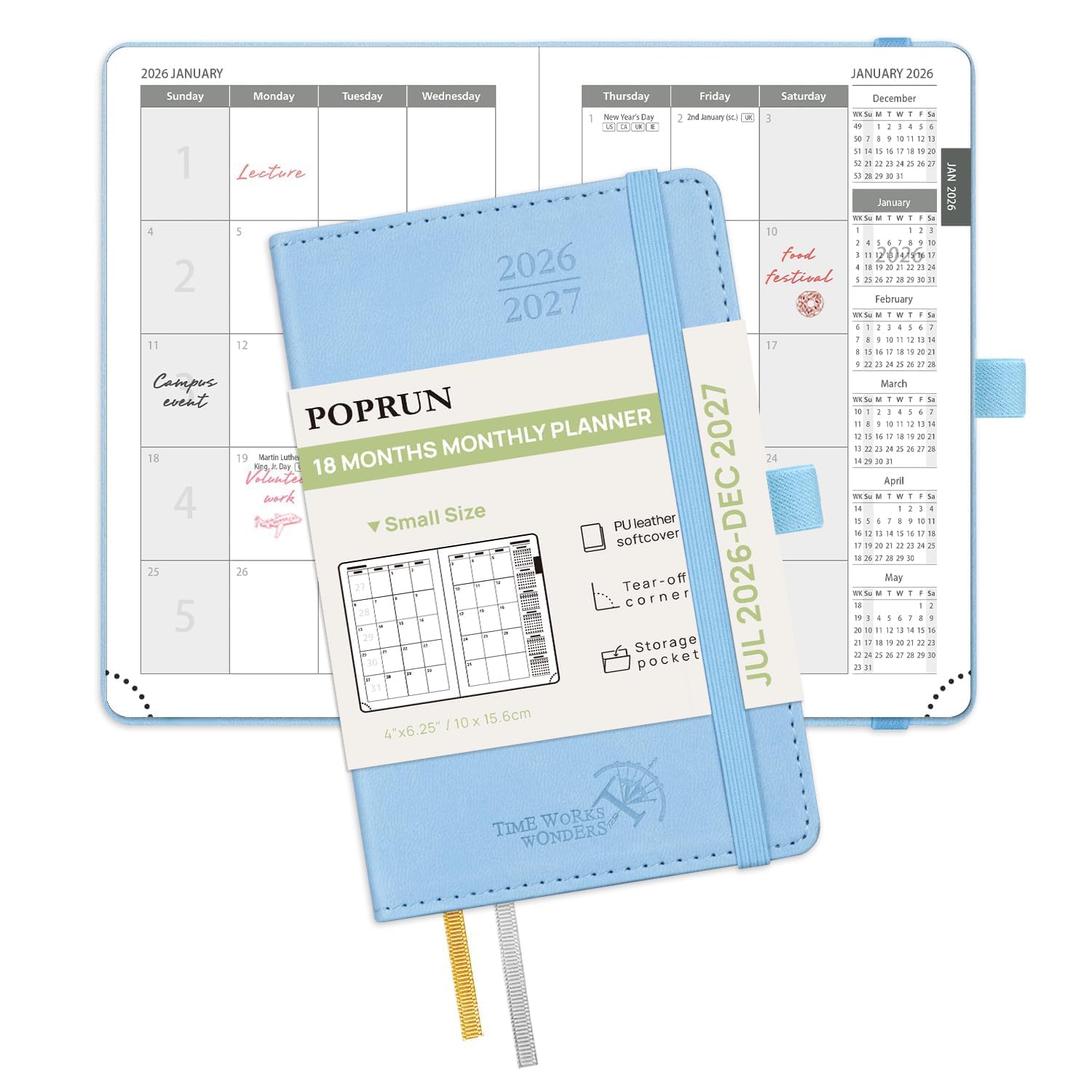 POPRUN Month to View Diary 2026-2027 A6 (16x10.5cm) Pocket (18-Month: Jul'26 - Dec'27) Monthly Planner Soft Cover Small 26/27 Diary, Sunday Start(Blue) — image 1