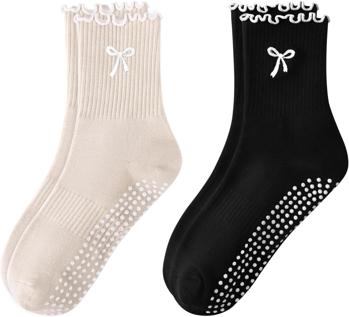 Pilates Yoga Grip Socks for Women, Bow-Patterned Ruffled Crew Socks Ideal for Fitness, Ballet Bar Work&Dance
