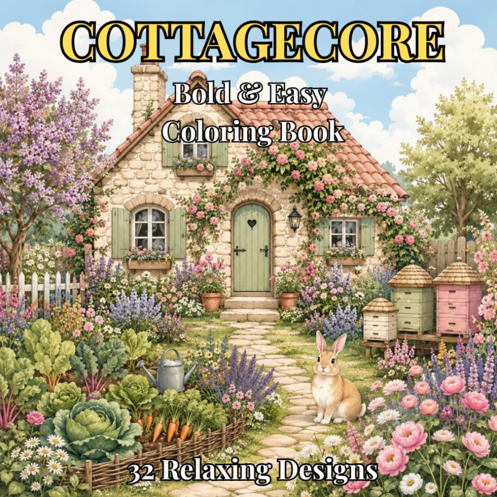 Cottagecore Bold and Easy Coloring Book: 32 Charming Designs of Cottage Life, Gardens and Countryside Scenes for Adults and Seniors