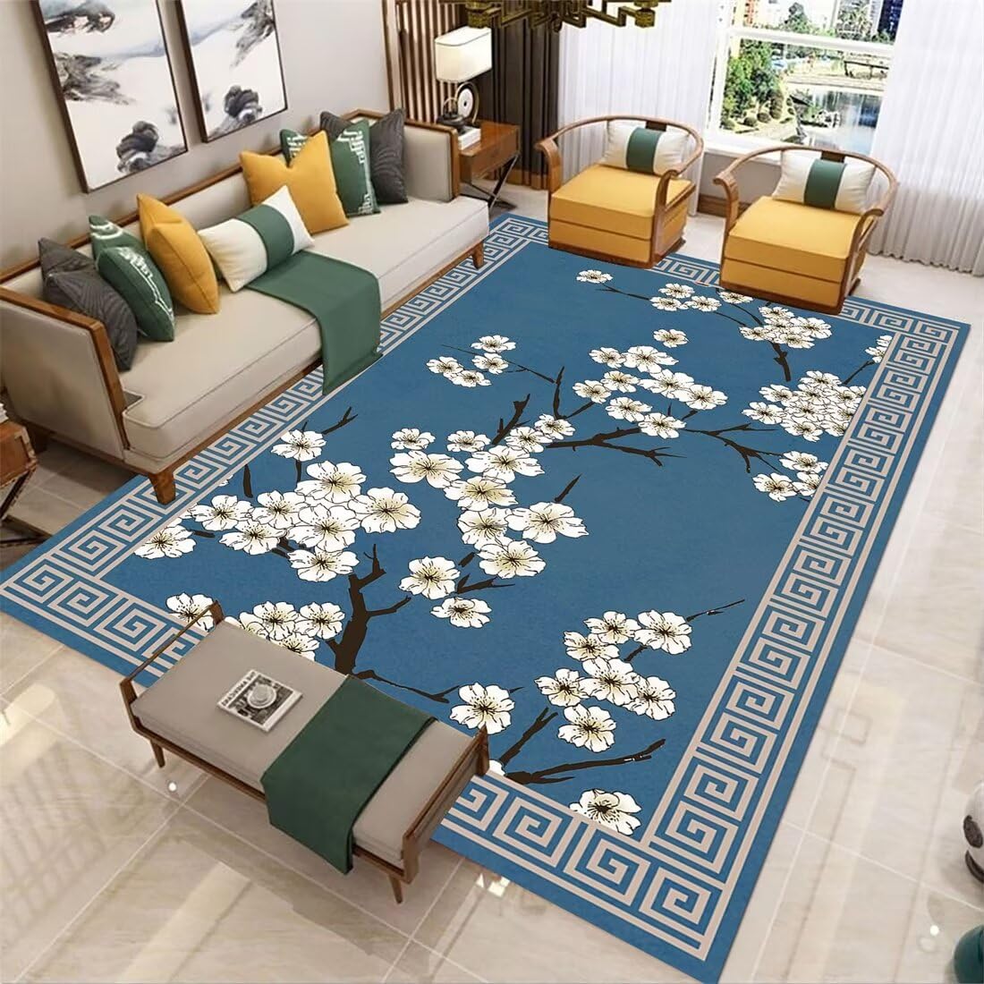 Tapis bleu imprimé de fleurs 70x140 cm pour balcon ou chambre d'enfant