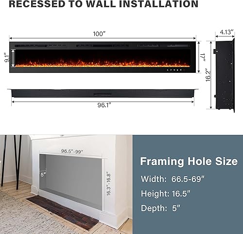 Vista 21 de Inserto de chimenea eléctrica de 50 pulgadas, montado en la pared, control remoto, diseño lineal, 750/1500W.