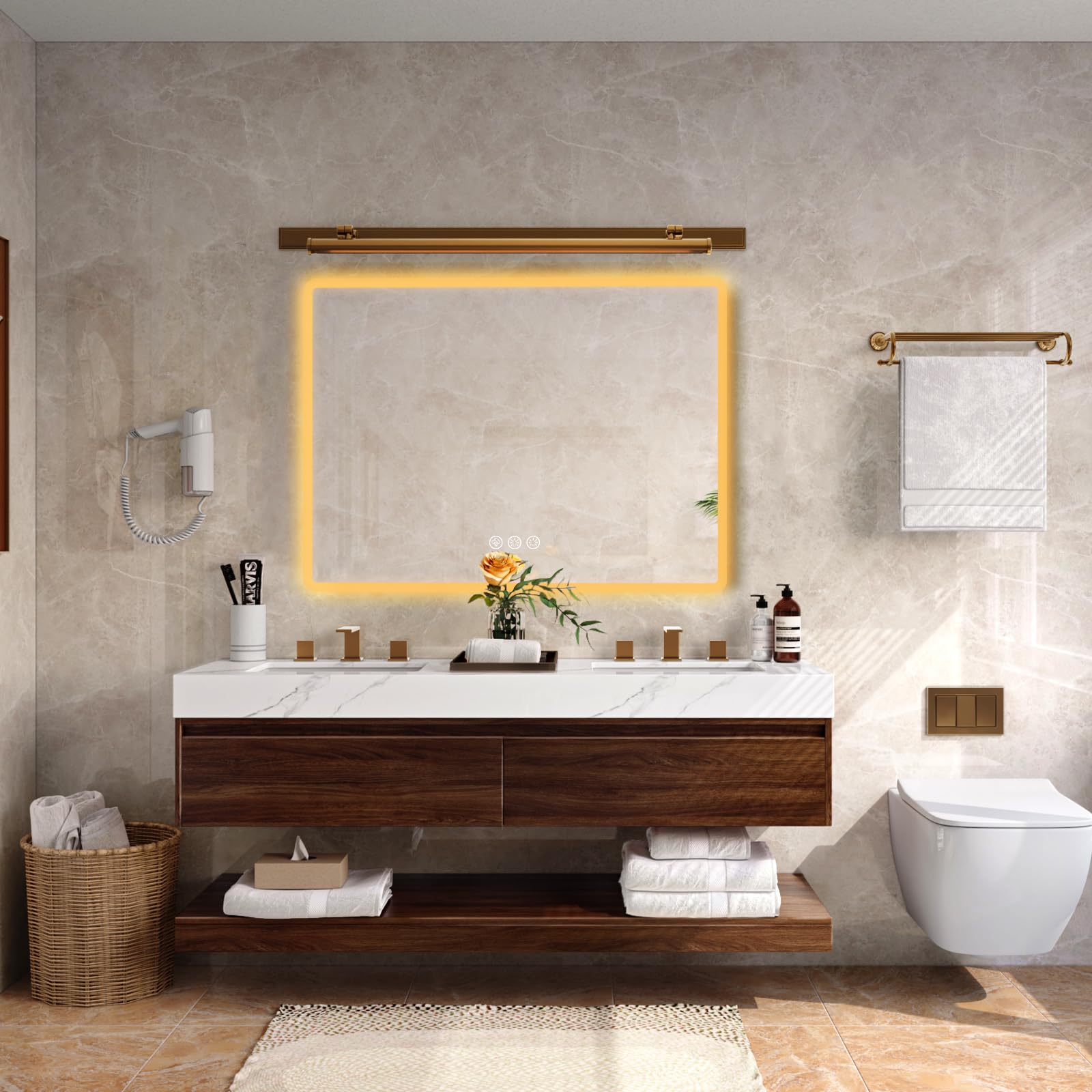 Ratsamee Espejo Baño con Luz 100x70cm, Espejos de Baño con LED con Antivaho, Regulable, 3 Colores Luz, Función Memoria