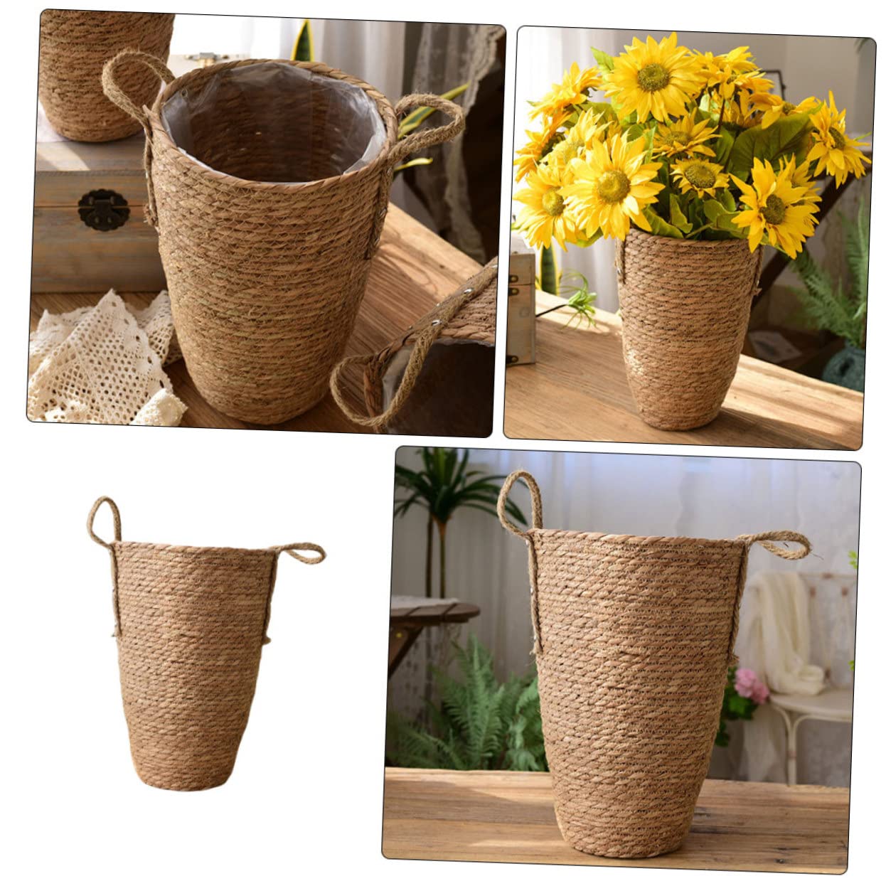 Abaodam Panier à Fleurs Décoratif Grand Modèle en Paille Tressée Résistant et Gain de Place Rustique Élégant Maison Bureau