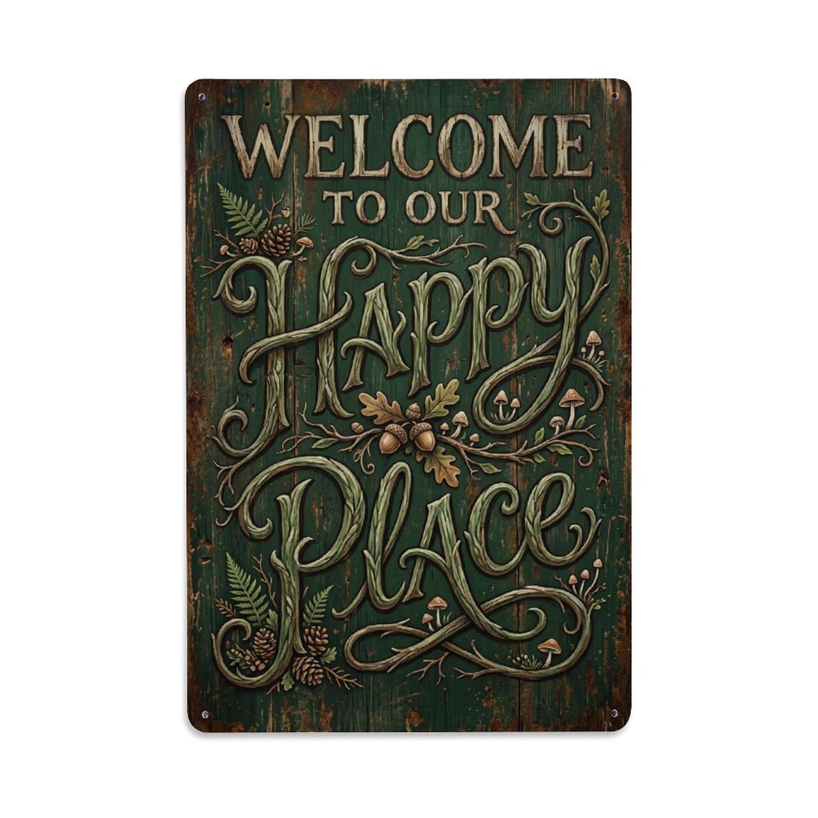 Welcome To Our Happy Place Woodland Cabin Vintage Metal Tin Sign Plaque Wall Decor for Cafe, Club, Garden Metal Poster 8x12Inch