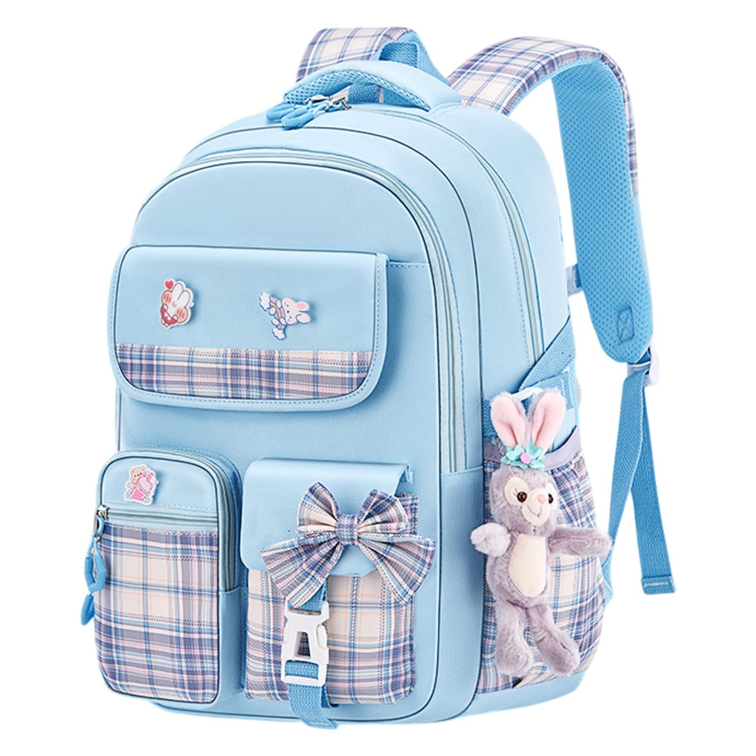 Kawaii Solid Colored School Bag with Stuffed Pendant & Cartoon Stickers, Water-Resistant Breathable Backpack Lightweight Large Capacity Multi-Pocket Aesthetic Book Bag for Teen Girls, Students-image-13