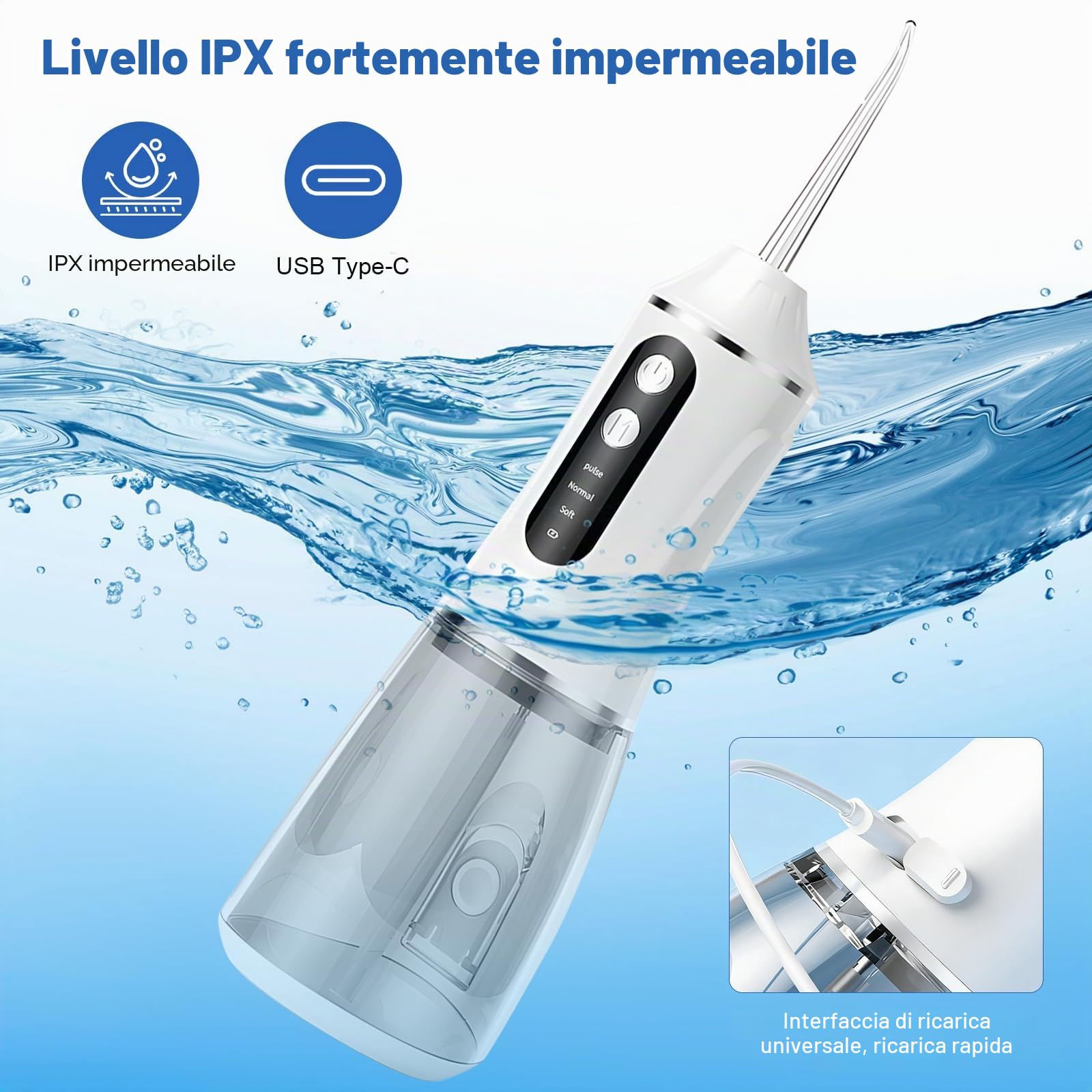 Idropulsore Dentale Oral,Irrigatore Orale,Idropulsore Dentale Portatile,Elettrico Oral Water,con 5 Modalità e 6 Beccucci,Serbatoio da 380ml,Impermeabile IPX7,per Uso Domestico e Viaggi(Bianco)