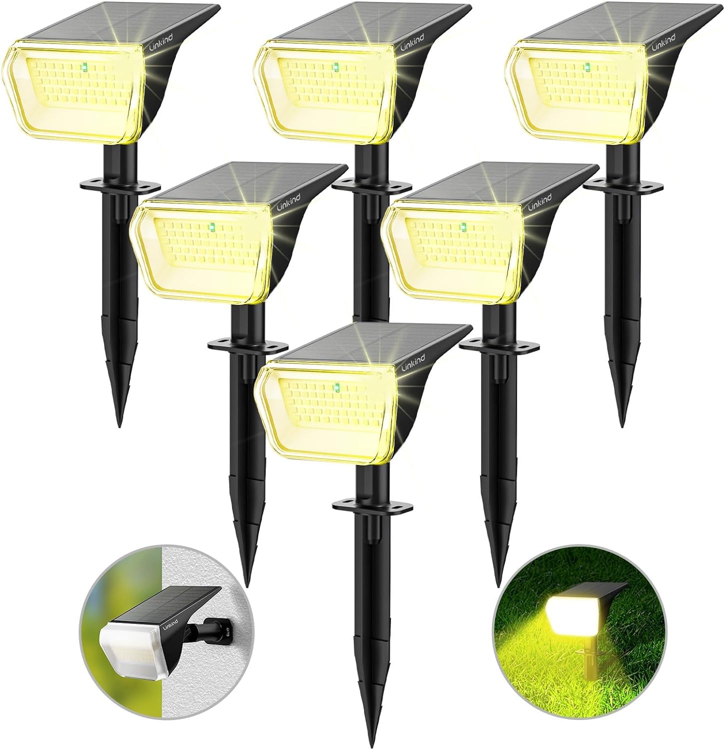 Linkind 60-Led Solar Spotlight for Outdoor Use, Warm White, 800 lm, Extra Long Light Duration  Intelligent Discharge, 3000 K Solar Garden Light with Charging Indicator, IP67 LED Garden Spotlight, Solar Lights, Pack of 3