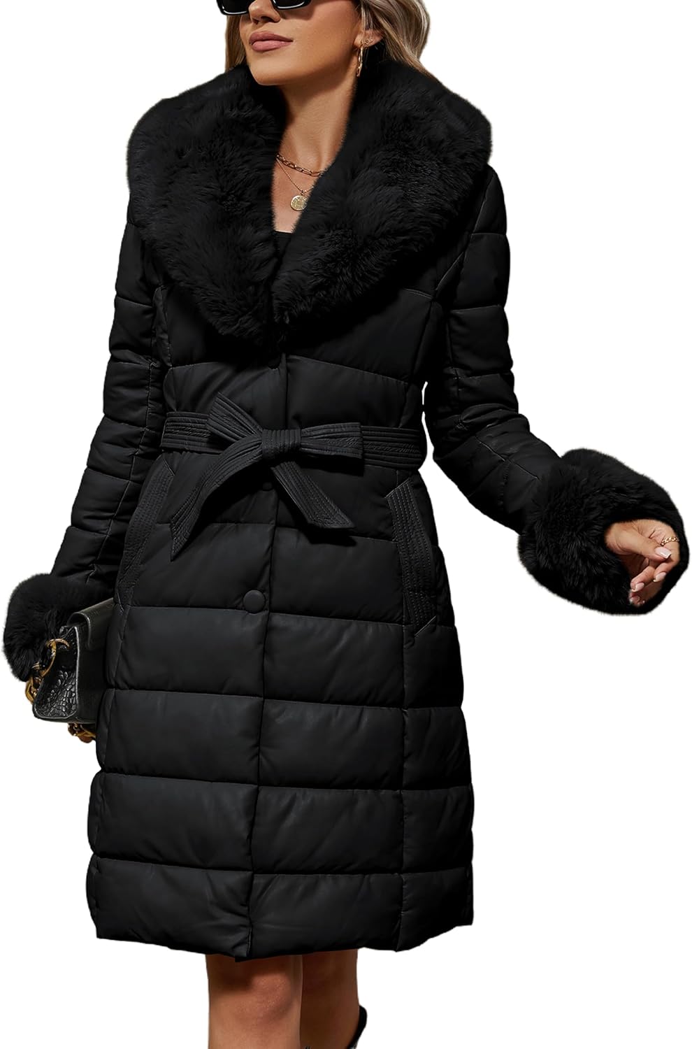 Bellivera Women's Winter Puffer Jacket Cold-Resistant Patchwork Plush Lining Coat with Removable Fur Collar Hooded and Belted