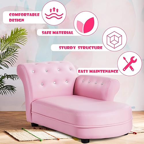 Miniatura 5 de INFANS Sofá para niños, sofá para niños pequeños con cuero de PVC y cristal incrustado, sillón de princesa rosa, tumbona larga tapizada para bebé