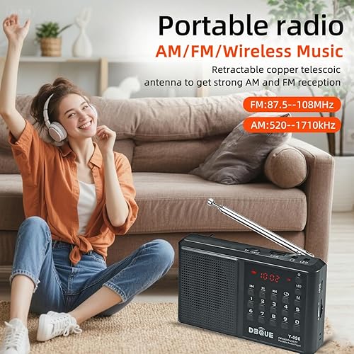 Miniatura 5 de Radio AM FM portátil con altavoz Bluetooth tarjeta USBTF, reproducción de MP3, conector de 0.138 in, ahorro de escaneo automático, altavoz para