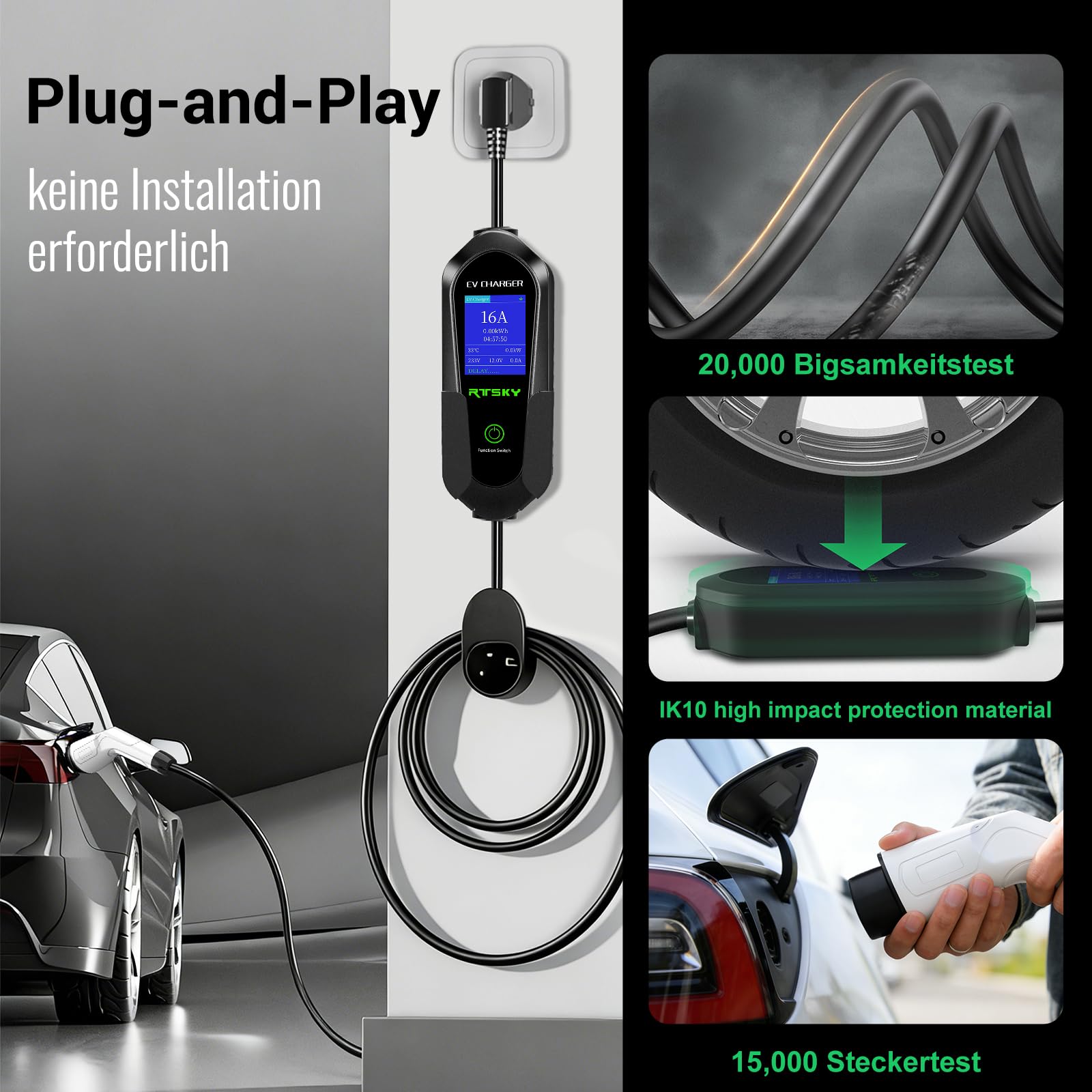 3,68kW Typ 2 Ladekabel Schuko 5M, 1-phasig 8-16A Einstellbar mit LCD Digitalanzeige, Tragbares Elektroauto Ladegerät für Tesla, ID.3, ID.4, BMW, Audi, Hyundai und andere PHEV/EV