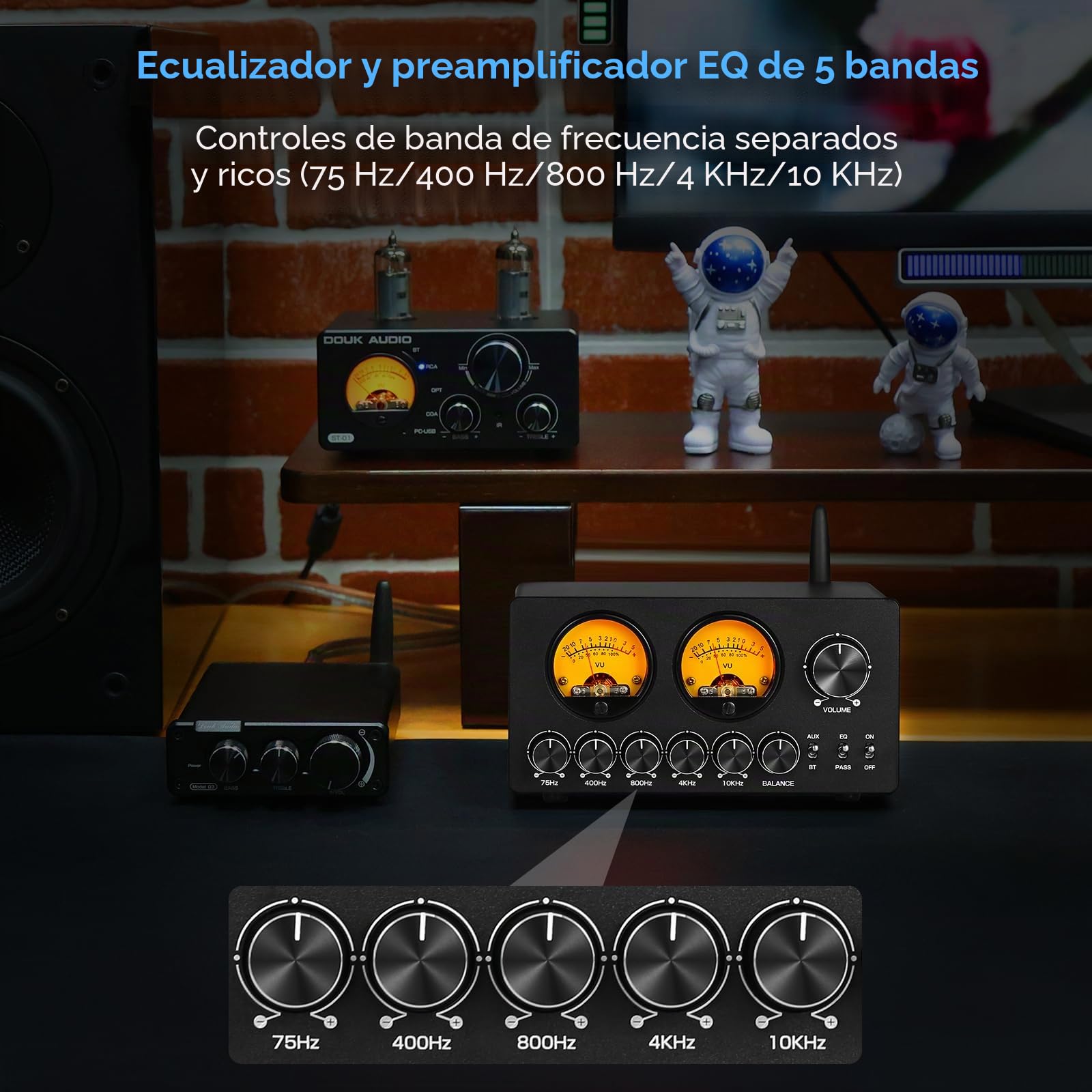 Douk Audio Ecualizador de 5 Bandas Bluetooth EQ Preamplificador para Estéreo Doméstico/Altavoz de Computadora/Amplificador con Medidor VU (EQ5 PRO)