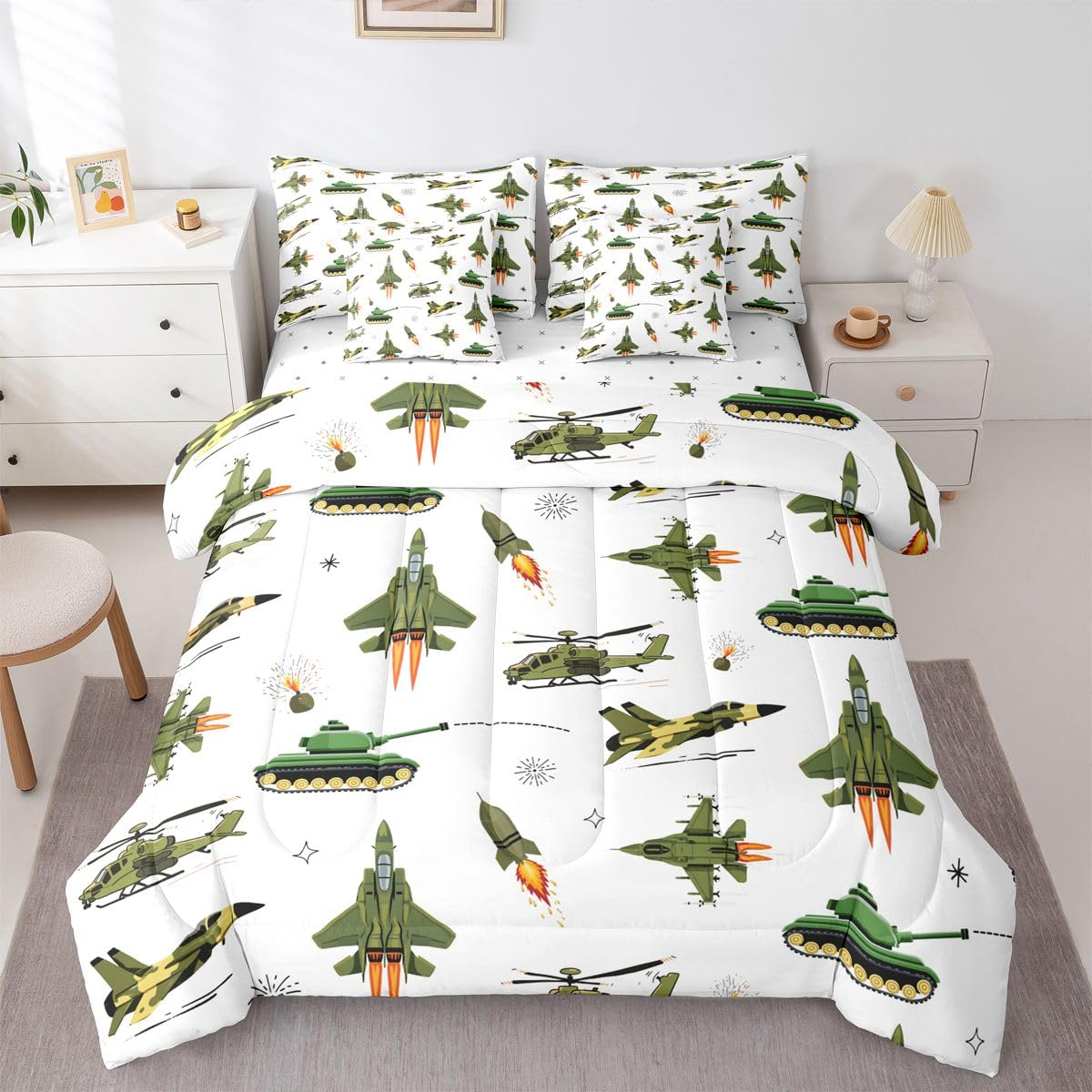 Erosebridal Tanks White Green Full Comforter Set 7 Pieces