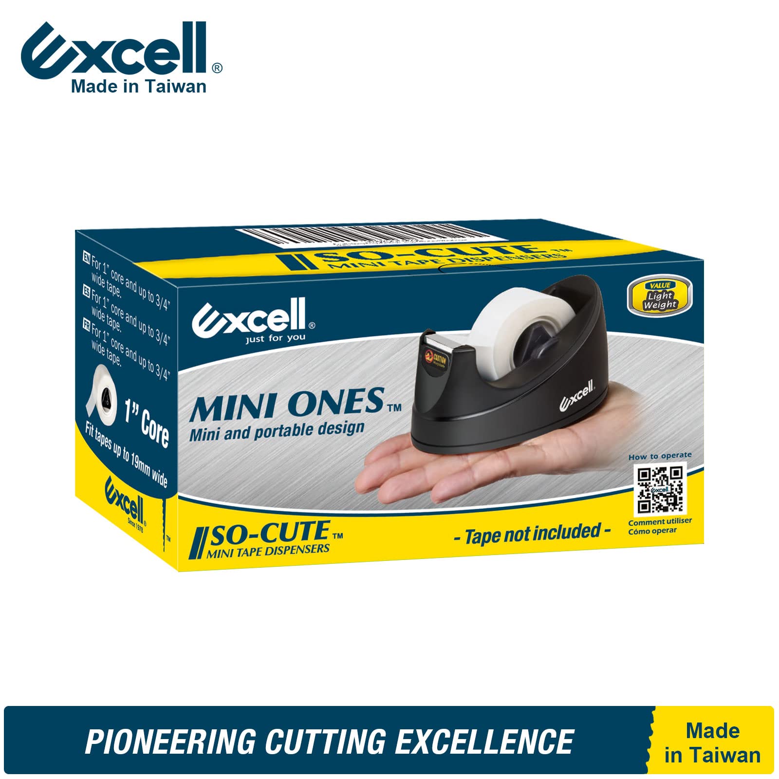 Excell Mini dozownik taśmy biurkowej (rdzeń 2,5 cm) z samoprzylepną dolną podstawą do użytku jedną ręką, do użytku w domu, biurze i szkole, 1 opakowanie