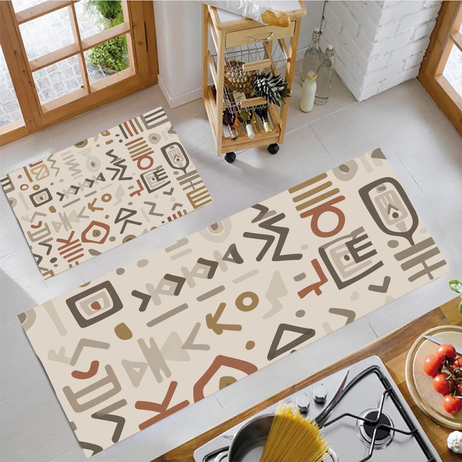 Tapis de cuisine devant evier antidérapant beige géométrie rétro