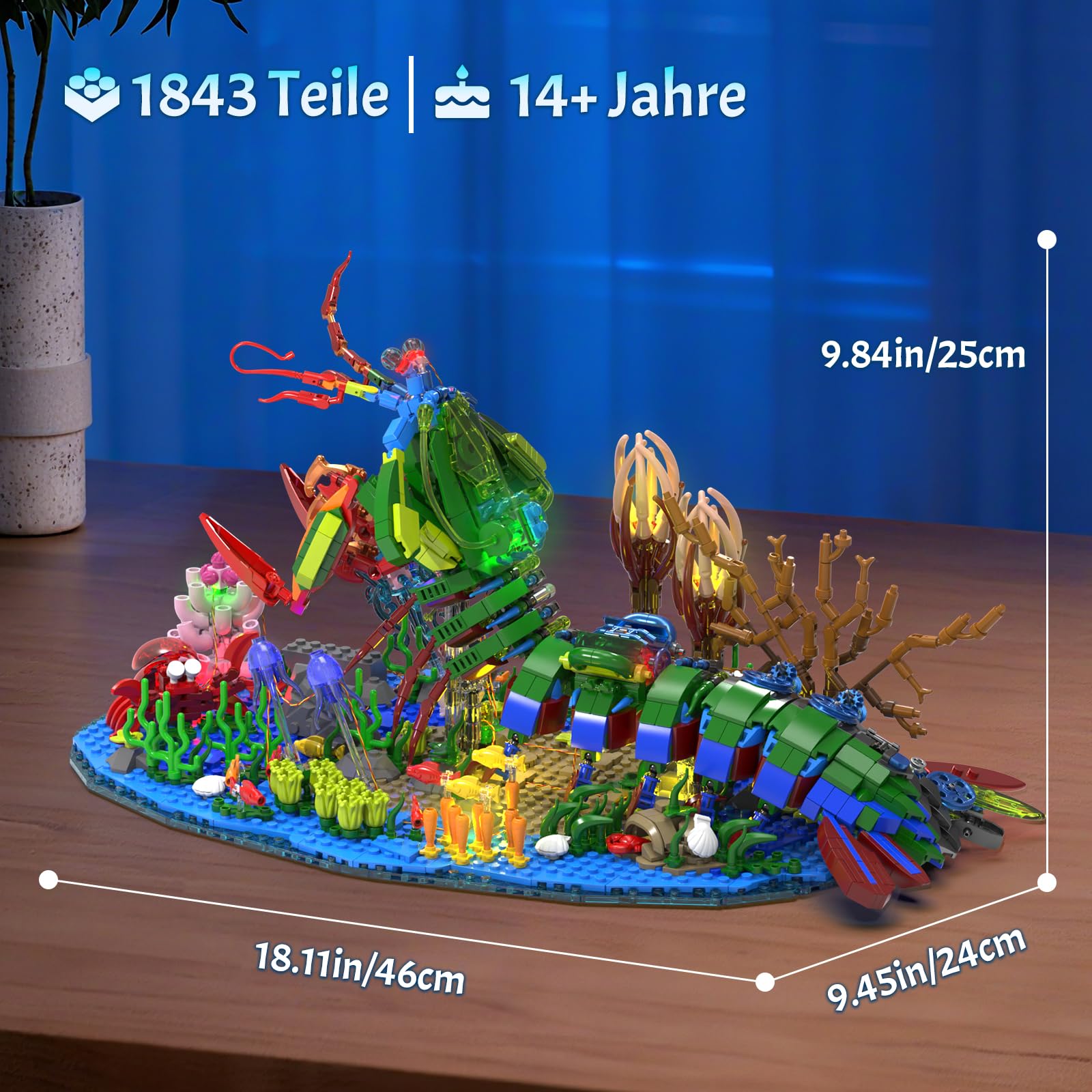 Mechanische Gottesanbeterin Garnele Bausteine Set,Meerestiere Bauspielzeug mit Miniatur Unterwasserlandschaft und LED Beleuchtung,DIY Modellbausatz für Erwachsene und Jugendliche（1843 Stück）