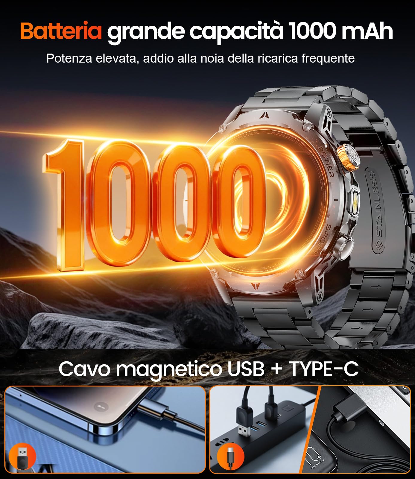 1000 mAh Smartwatch Uomo,1.7" Smart Watch Militare con 110+ Modalità Sportive,IP68 Impermeabile,Chiamata Bluetooth,Frequenza Cardiaca, Android iOS,3 Braccialetti,2 Caricabatterie