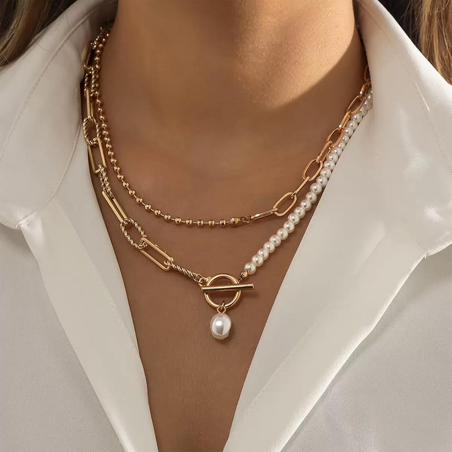 Layering Pearl Necklace for Women - Golden Stackable Design, Lustrous Pearls, Adjustable Chain for Everyday Luxury & Outfit Styling