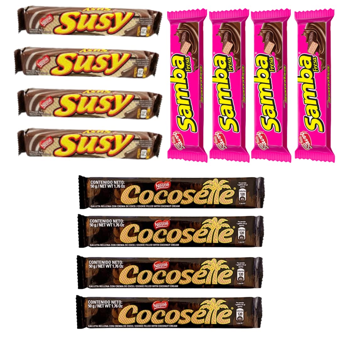 SAMBA CHOCOLATE - COCOSETTE - SUSY Venezuelan Food Cookies Wafers Rollers Chocolate Covered Hazelnut, Cookies Wafers Coconut Cream, Assorted Cookie Individually Wrapped Candies Mix Variety Pack International Venezuelan Food Sweet Snacks Gift Latin Sabor