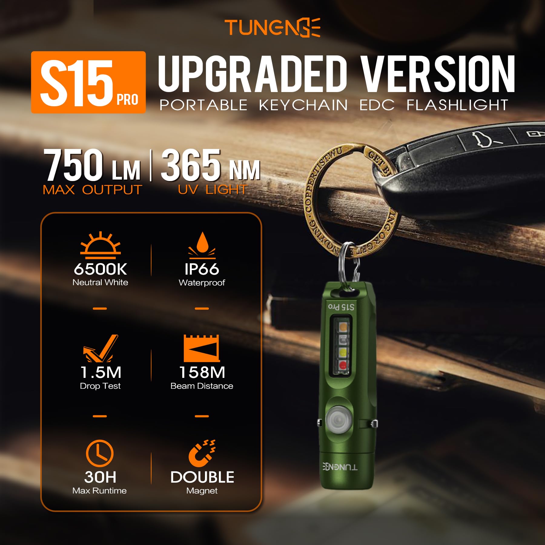 S15Pro Lampe de poche porte-clés rechargeable, 750 lumens haute luminosité, lampe de poche EDC avec clip, mini lumière COB multifonction et 365 nmUV - 11 modes d'éclairage, aimant arrière
