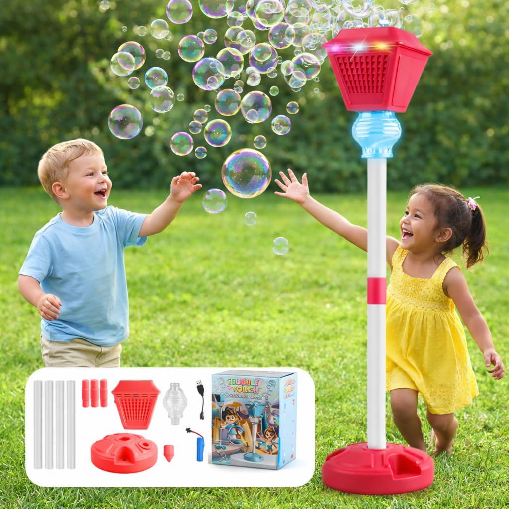Bubble Stand Machine - Standing Bubble Machine, 2026 New Splashy Surprises Bubble Maker, Light Up Lantern Bubble Machine, Height Adjustable up to 47 Inches with Light/Music (RED)