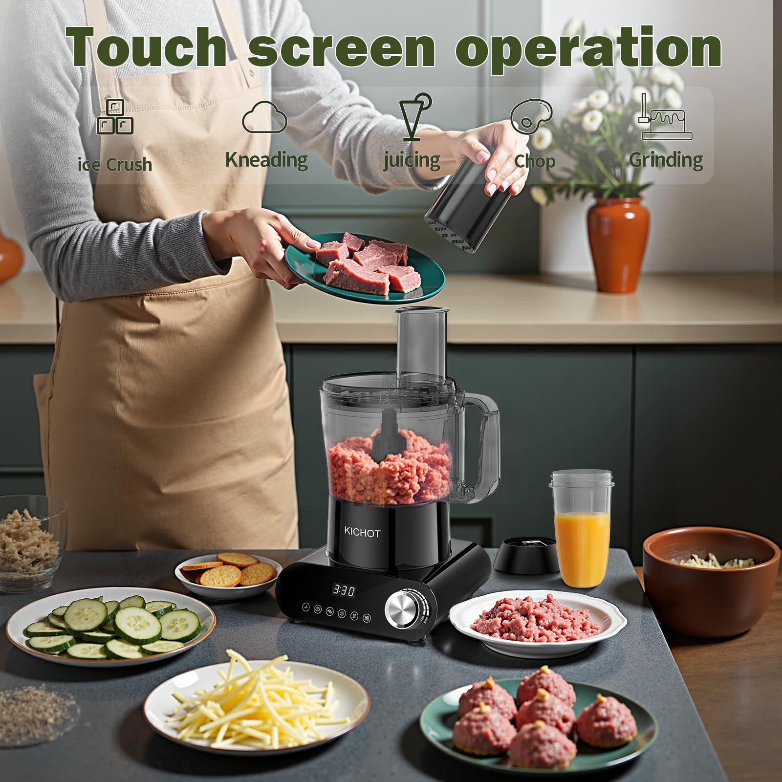 Robot de cocina & Picador, 2.5 L Food Processor 1500 W con gran tubo de alimentación – Creación de hielo, Molienda, Expresor de cítricos, Ralladura, Corte & Repostería, Negro