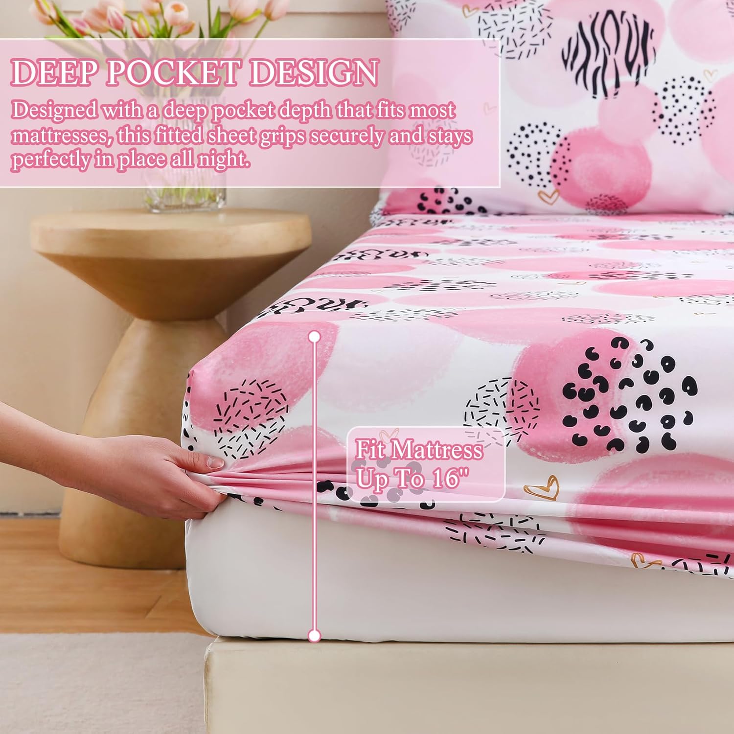 Pink Sheet Set Queen Size 4 Pieces Girls Bedding Simple Dots Printed Sheets 15-inch Deep Pocket Fitted Sheets and Pillowcase Soft Breathable Microfiber Bed Sets for Woman Decor Bedroom