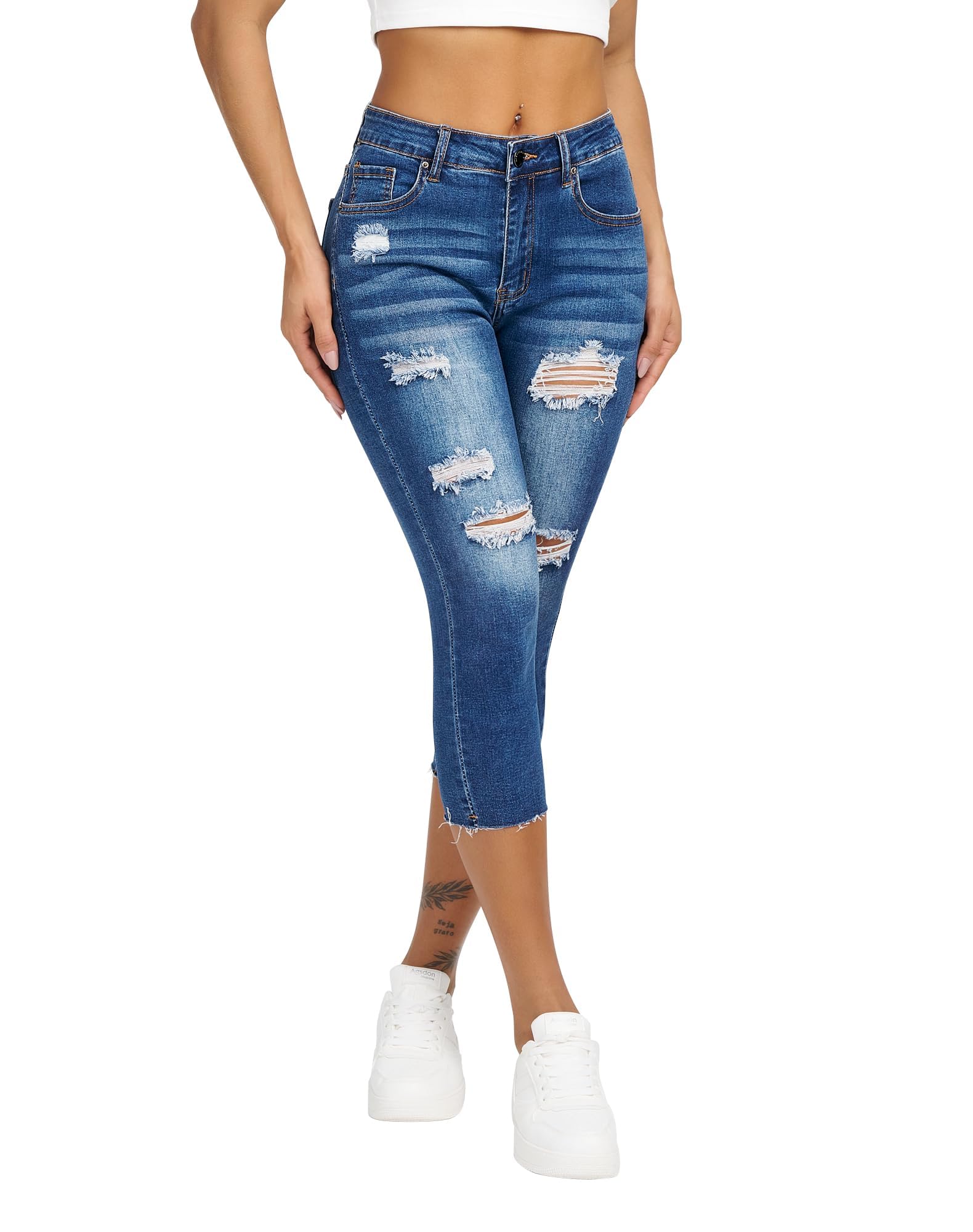 Roswear Women's Capri Jeans Ripped Stretch Denim