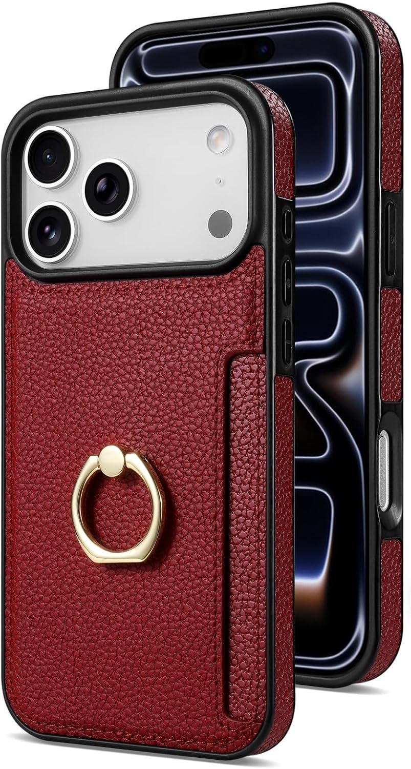 Minimalist Leather Wallet Case for iPhone 17/17 Air/17 Pro/17 Pro Max, Card Slot & Ring Holder Stand, Drop Protection Cover(Pink,17 Pro Max)