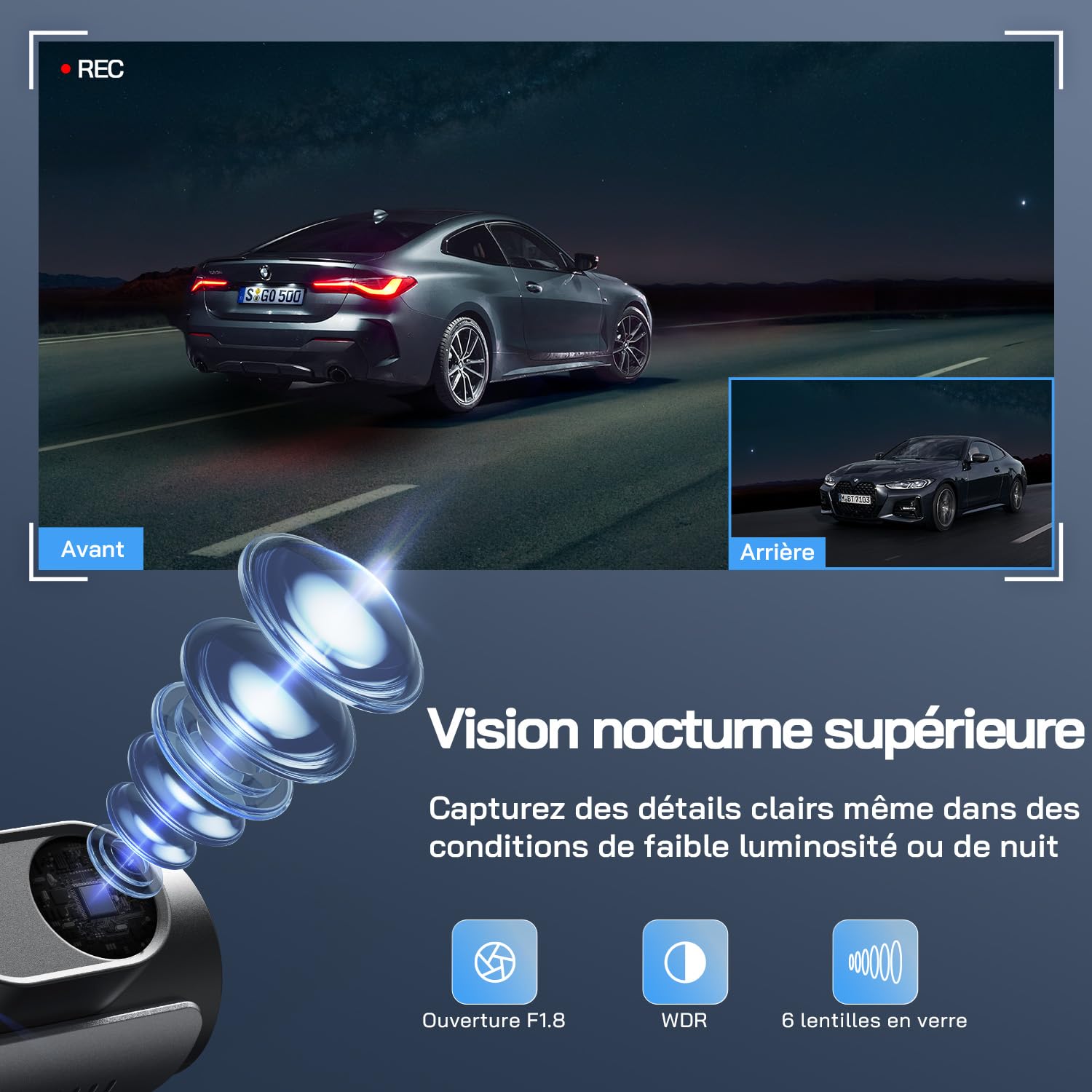 WOLFANG 4K Dashcam Voiture Avant Arrière, Wi-FI Caméra Voiture, Grand Angle 170°, G-Capteur, Mode Stationnement 24H, Vision Nocturne, Enregistrement en Boucle