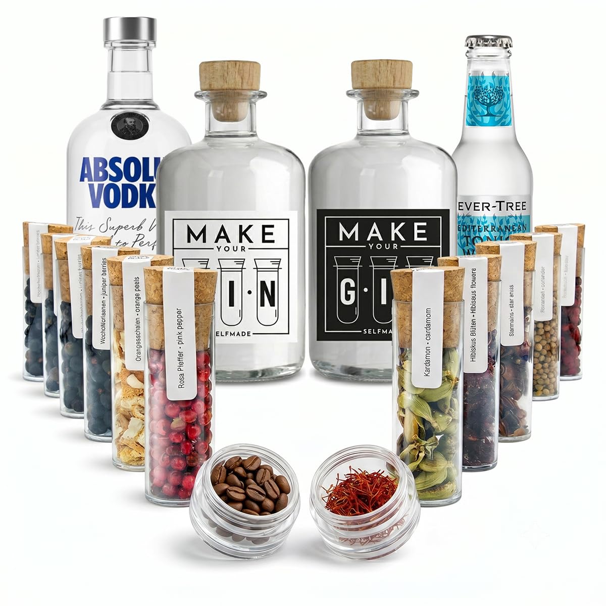 Make Your Gin Geschenkset schwarz -Absolut Vodka, Fever-Tree Mediterranean Tonic Water 500ml + Botanicals - Kopi Luwak von freilebenden Tieren+ Bar Trichter + Anleitung mit Rezept + 6x Longdrinkglas