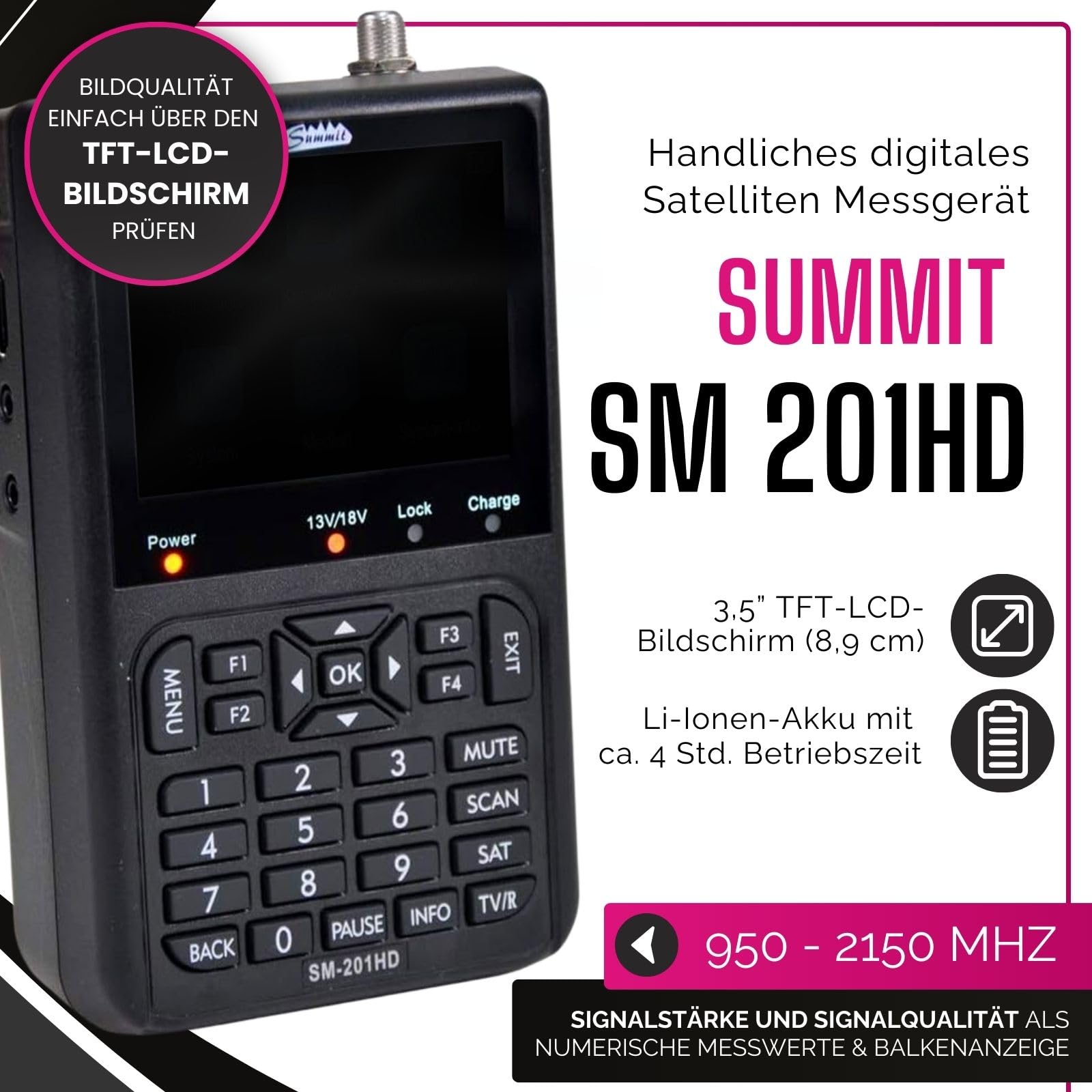 Summit SM 201HD Satelliten Messgerät I Sat Finder für DVB-S/S2 I Digital | digitales Messgerät mit 3,5" TFT LCD Display & Tonsignal I inkl. Steckernetzteil, AV-Adapterkabel & Nylonschutztasche