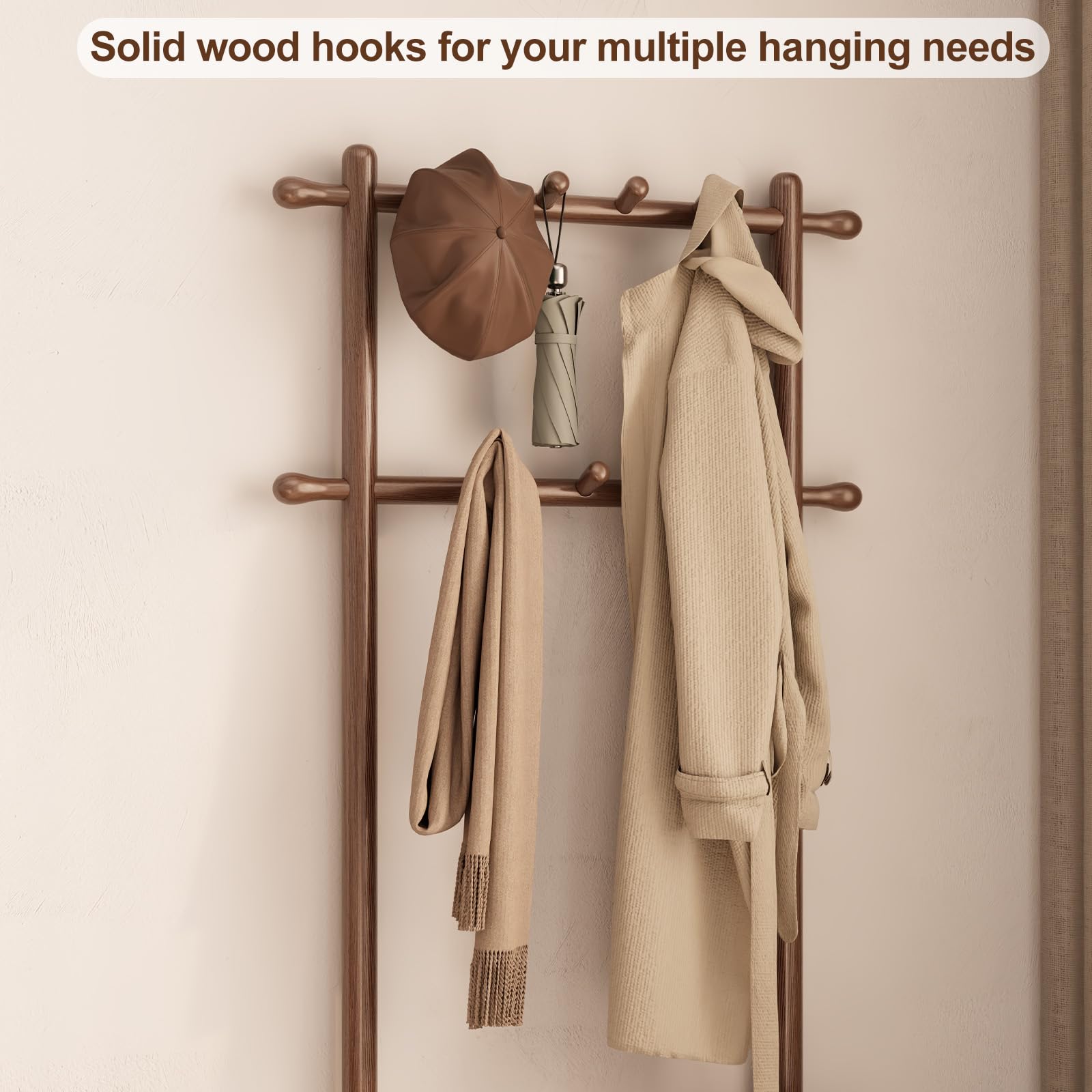AQIMUELE Appendiabiti a 3 Ripiani, Attaccapanni Portabiti in Legno con Panca, 11 Ganci, per Corridoio Camera da Letto, Stile Moderno, 30 x 60 x 170 cm (Noce)