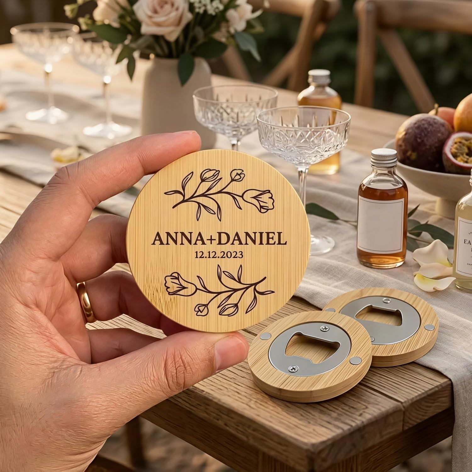 Abridor De Botellas De Madera Redondo Personalizado, Imán For Nevera, Nombre Y Fecha Grabados Personalizados, Abridor De Tapas Cerveza, Recuerdo Creativo Recepción Boda, Recuerdo Bautismo(100PCS)
