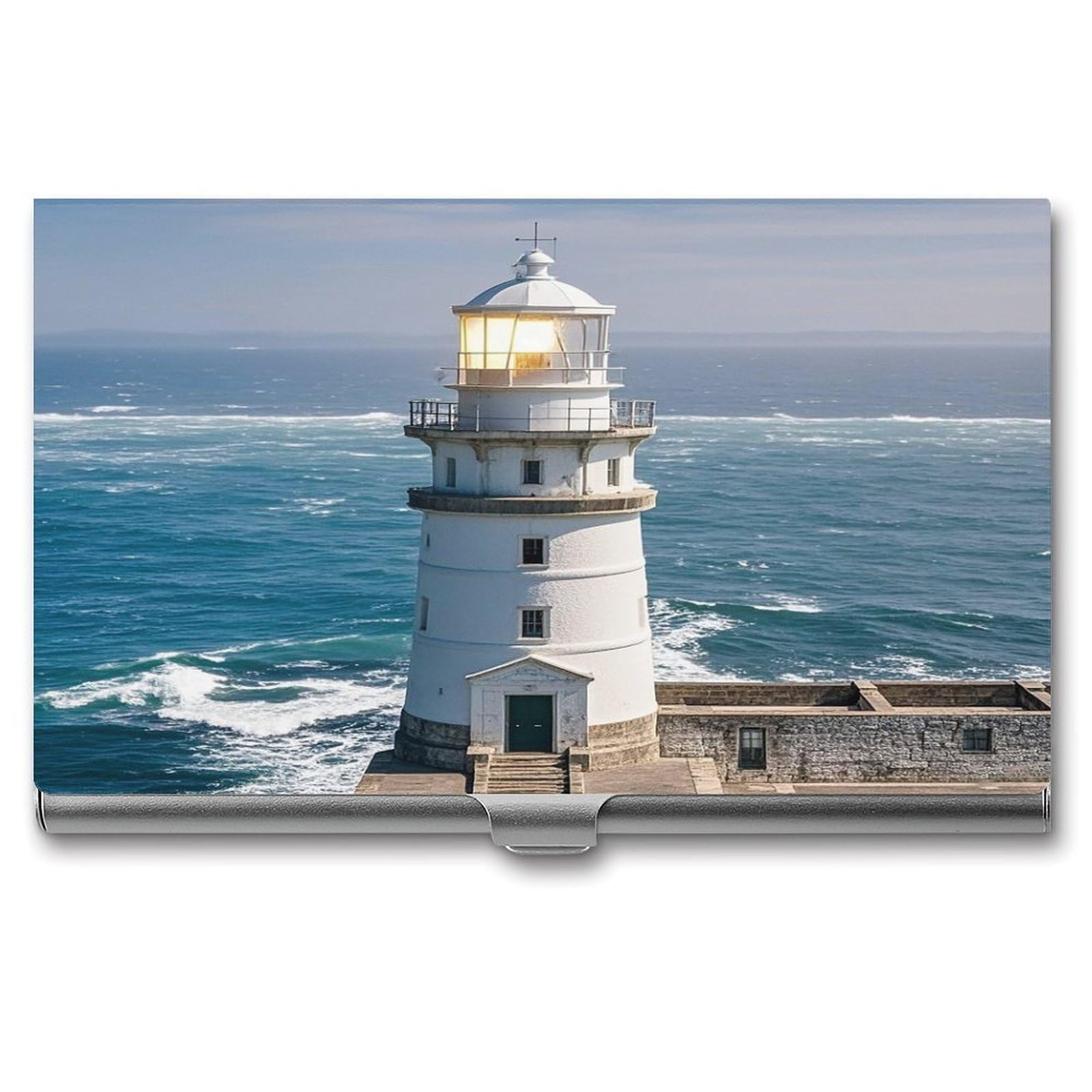 FekiLoot Lighthouse Sandbeach Business Card Holder for Men Women Metal Slim Organizer Business Card Carrier Wallet Name Cards Holder Retro Slim Pocket Purse Small Portable Card Case