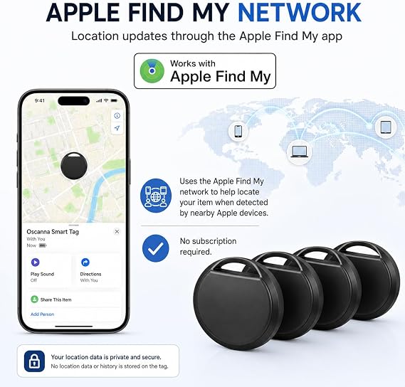 Smart Tag 4-Pack – Works with Apple Find My App, GPS Finder for Keys, Wallet, Pets & Bags BLACK