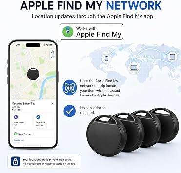 Smart Tag 4-Pack – Works with Apple Find My App, GPS Finder for Keys, Wallet, Pets & Bags BLACK