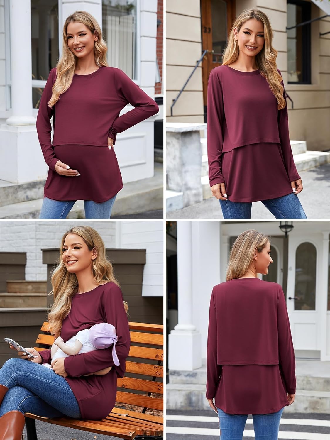 Ecavus Women's 3Pack Maternity Nursing Shirts Long Sleeve Double Layer Breastfeeding Shirts Comfy Pregnancy Clothes - Image 5