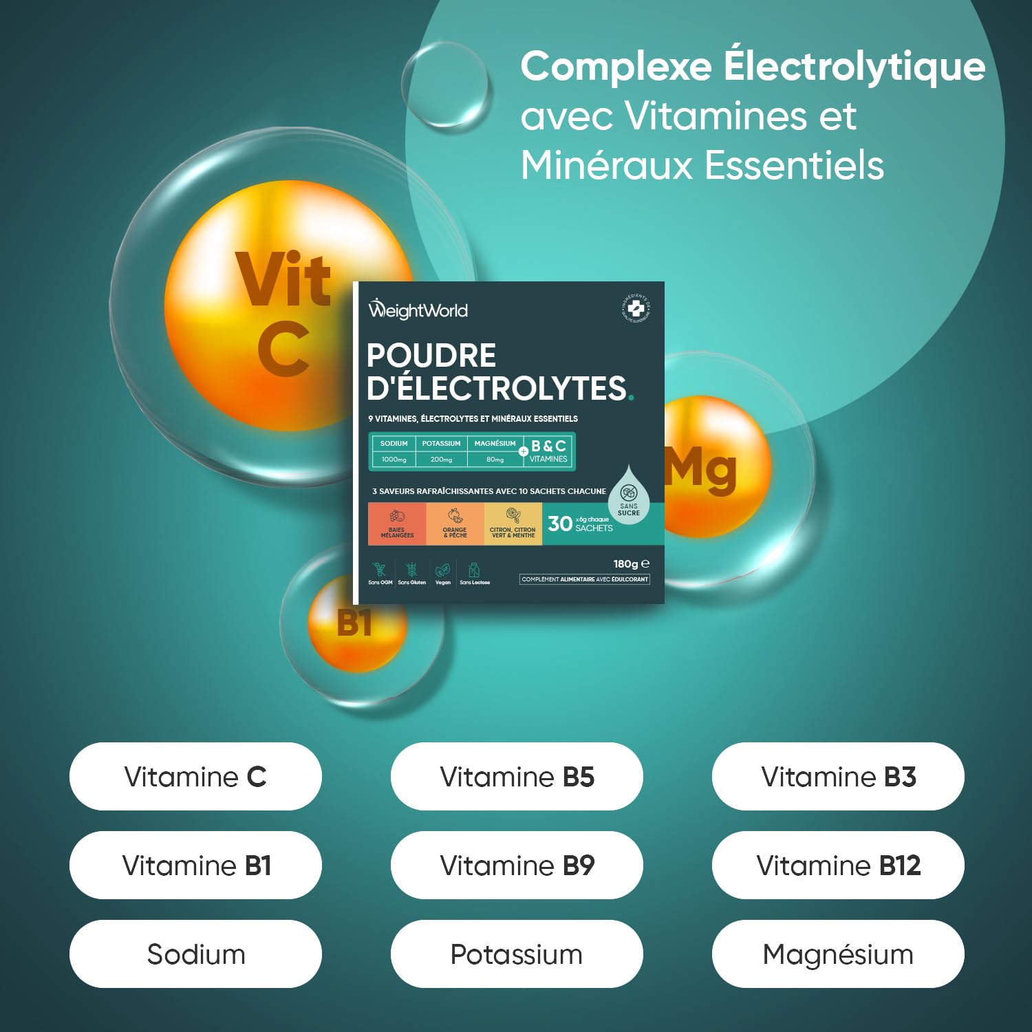 Electrolyte Poudre Vegan, Electrolyte sans Sucre, avec Vitamine C, B1,B3,B5,B9,B12, Magnesium, Potassium, Sodium 3 Saveurs : Baies, Citron Vert & Menthe, Orange & Pêche Sachets, Alternative Pastilles