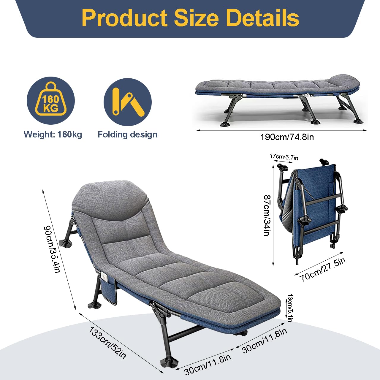 Angeln Camping Anglers Stuhl: Tragbarer Liegestuhl mit Kissen, Outdoor-Schlafbett, Reise-Büro, Seitentasche und verstellbare Rückenlehne, 6 Nivellierfüße, grau, 210 x 67 x 38 cm
