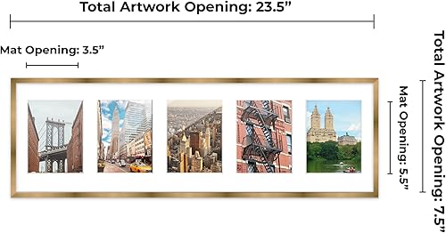 Miniatura 4 de Marcos de fotos modernos para decoración de pared, 7.5 x 23.5 pulgadas, marco de collage de fotos con acabado de bronce dorado con paspartú blanco