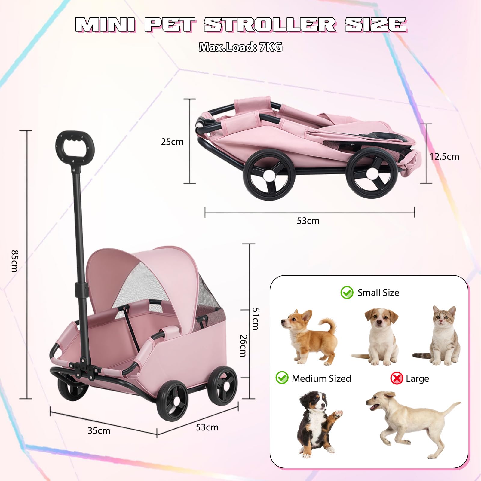 Chariot pour chien pliable à 4 roues avec barre pivotante à 360 ° - Chariot pour chat avec visière - Mini poussette pour animaux de compagnie - Tissu Oxford 600D (rose)