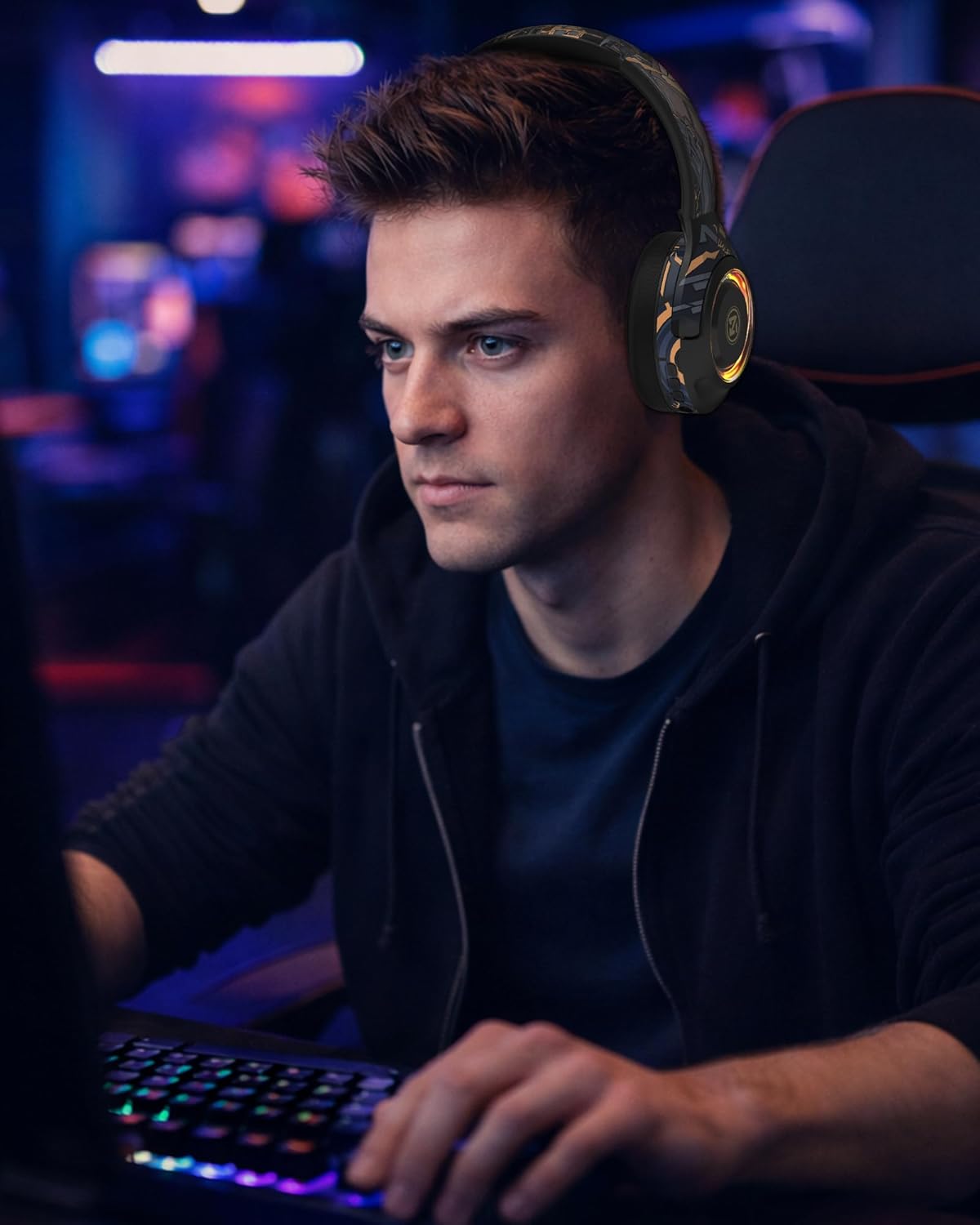 Over the Ear Headphones, Gaming Headphones with Mic, Computer Bluetooth Headphones with Built-in FM Radio & Micro-SD Slot, Foldable Stereo Headset with Wired Aux Mode, Soft Earpads, Black