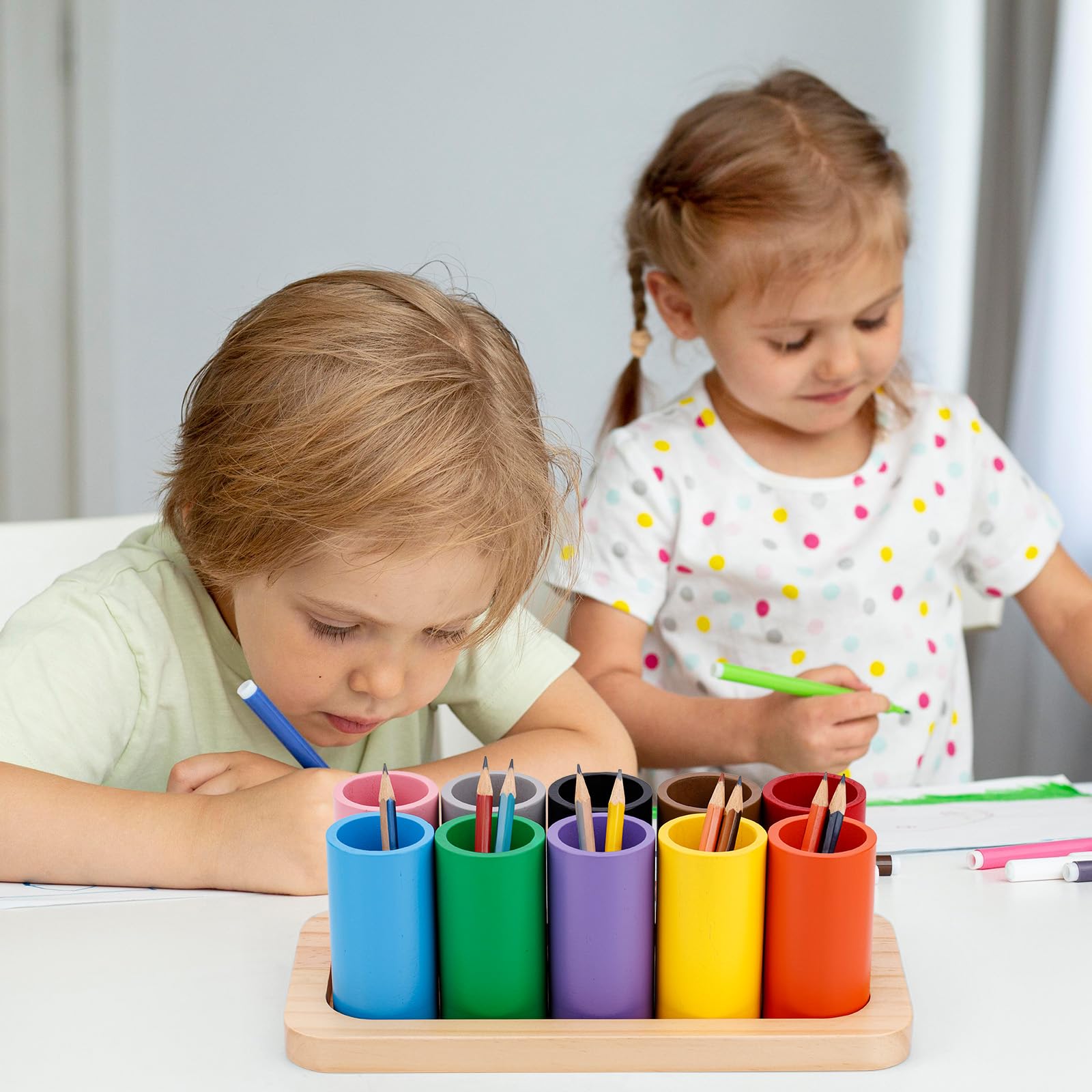 Bois Porte Crayons de Couleur, Crayon Rangement Organisateur avec 10 Amovible Compartiments Tasse Stylo Support pour Enfants Bureau Maison École Fourniture